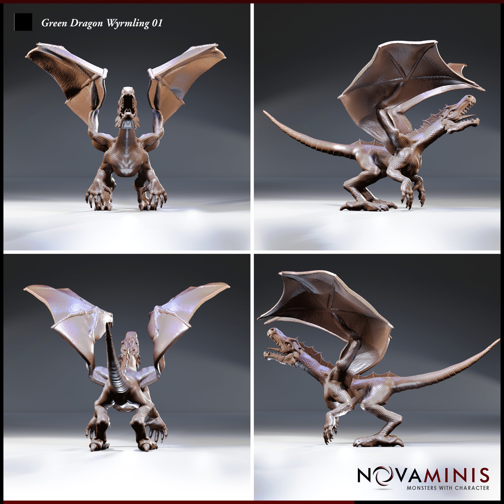 Four-angle render of the Green Dragon Wyrmling 01 miniature by Novaminis showing front, side, rear, and three-quarter views — unpainted resin wyrmling with detailed wing membranes, scale texture, and open jaw