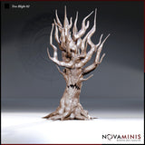 Digital render of Tree Blight 02 by Novaminis — a tall, corrupted tree creature with a gnarled trunk, jagged toothed maw, hollow eyes, and a mass of reaching skeletal branches. Unpainted, shown from the front against a grey gradient background.