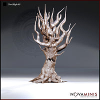Digital render of Tree Blight 02 by Novaminis — a tall, corrupted tree creature with a gnarled trunk, jagged toothed maw, hollow eyes, and a mass of reaching skeletal branches. Unpainted, shown from the front against a grey gradient background.