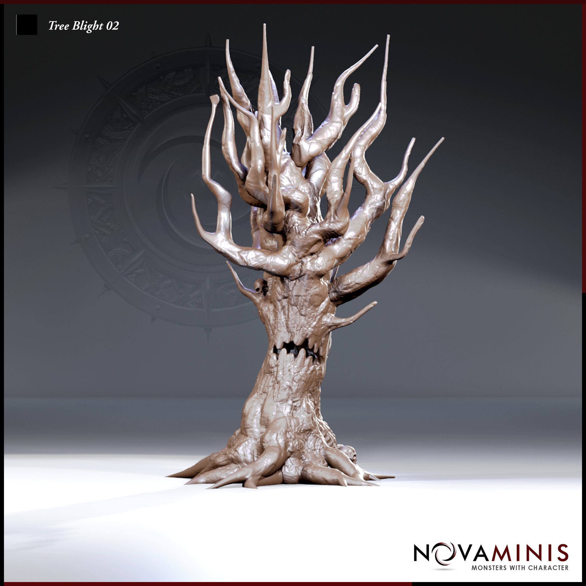 Digital render of Tree Blight 02 by Novaminis — a tall, corrupted tree creature with a gnarled trunk, jagged toothed maw, hollow eyes, and a mass of reaching skeletal branches. Unpainted, shown from the front against a grey gradient background.