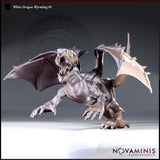Digital render of the White Dragon Wyrmling 01 miniature by Novaminis — shown in an unpainted grey resin finish, posed mid-lunge with wings spread wide, jaws open in a threat display, long claws extended, and prominent dorsal spines visible along the spine and tail.