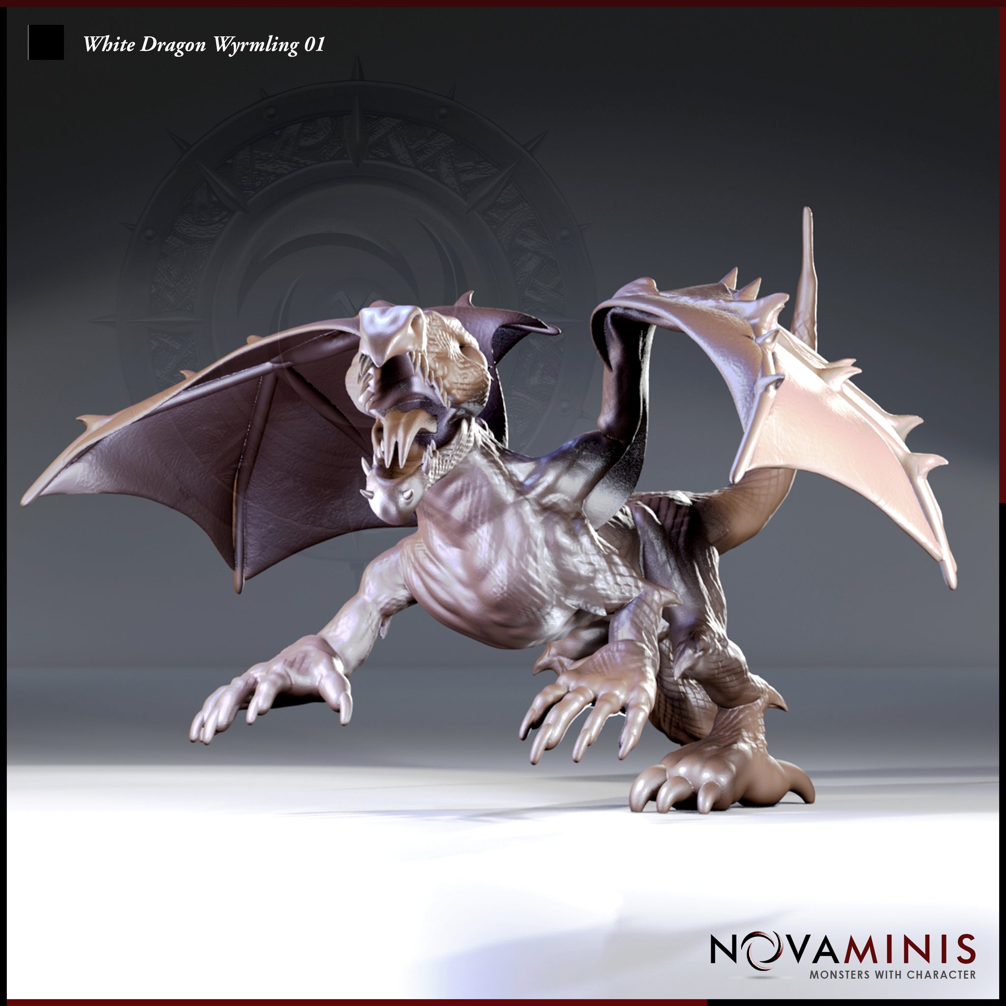Digital render of the White Dragon Wyrmling 01 miniature by Novaminis — shown in an unpainted grey resin finish, posed mid-lunge with wings spread wide, jaws open in a threat display, long claws extended, and prominent dorsal spines visible along the spine and tail.