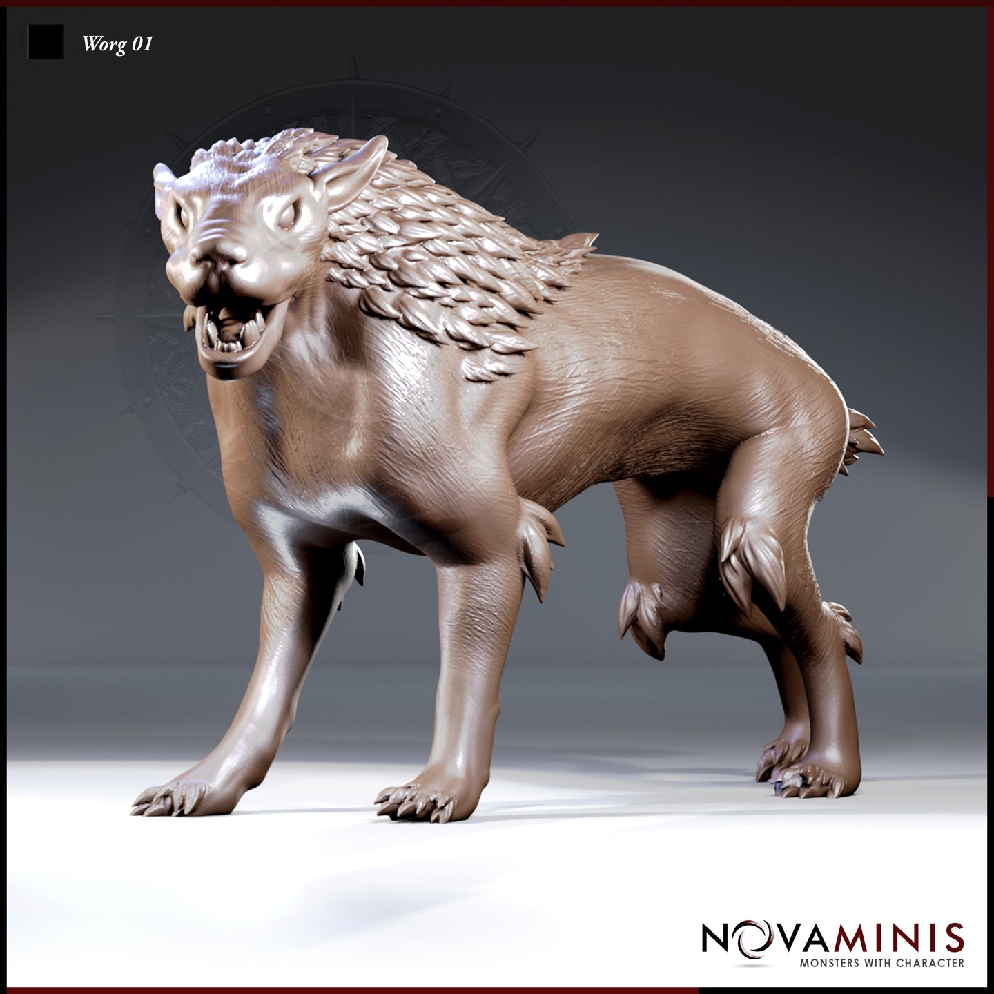 Digital render of Worg 01 miniature by Novaminis — a large wolf-like beast in a crouching threat display with jaws open, feathered quill mane along the neck and back, and splayed clawed feet, viewed from a three-quarter front angle