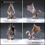 Digital render of Black Dragon Wyrmling 01 shown from four angles — front, rear, left side, and right side — revealing wing membrane detail, dorsal spines, skull-like brow, and scaled underbelly