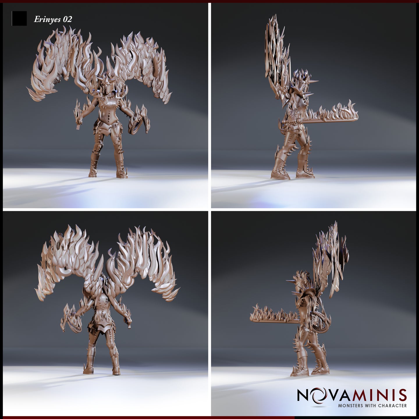 Four-angle digital render sheet of the Erinyes 02 miniature by Novaminis showing front, back, and both side profiles — unpainted bronze-tone female devil with vast flame wings, horned helm, spiked armour, serrated greatsword, and coiled rope, highlighting the full detail of the sculpt from every direction