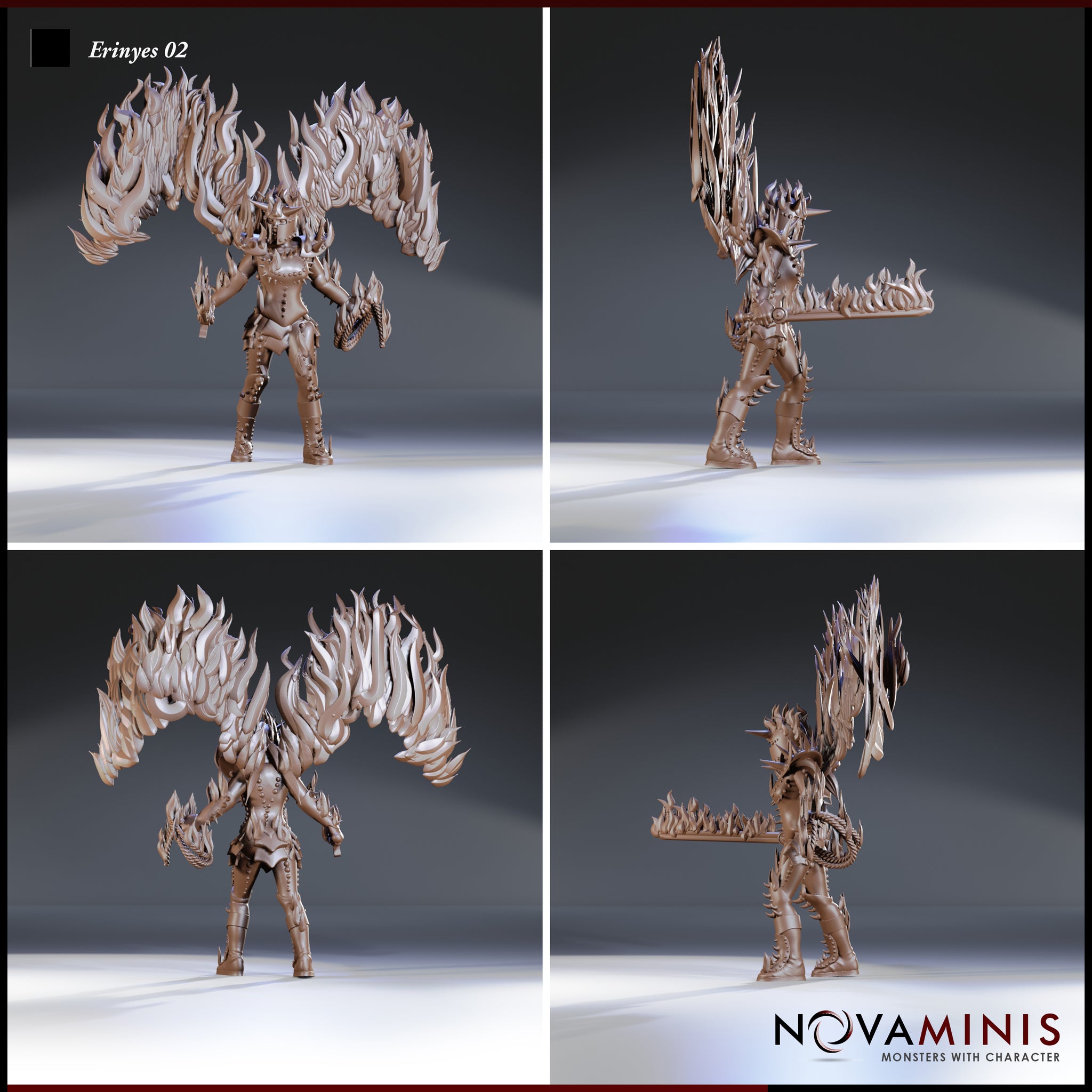 Four-angle digital render sheet of the Erinyes 02 miniature by Novaminis showing front, back, and both side profiles — unpainted bronze-tone female devil with vast flame wings, horned helm, spiked armour, serrated greatsword, and coiled rope, highlighting the full detail of the sculpt from every direction