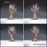 Four-angle digital render of Tree Blight 02 by Novaminis showing front, three-quarter, side, and rear views of the corrupted tree monster. Unpainted sculpt with detailed bark texture, spreading root base, and twisted branch canopy visible from all sides.
