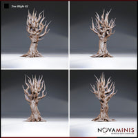 Four-angle digital render of Tree Blight 02 by Novaminis showing front, three-quarter, side, and rear views of the corrupted tree monster. Unpainted sculpt with detailed bark texture, spreading root base, and twisted branch canopy visible from all sides.