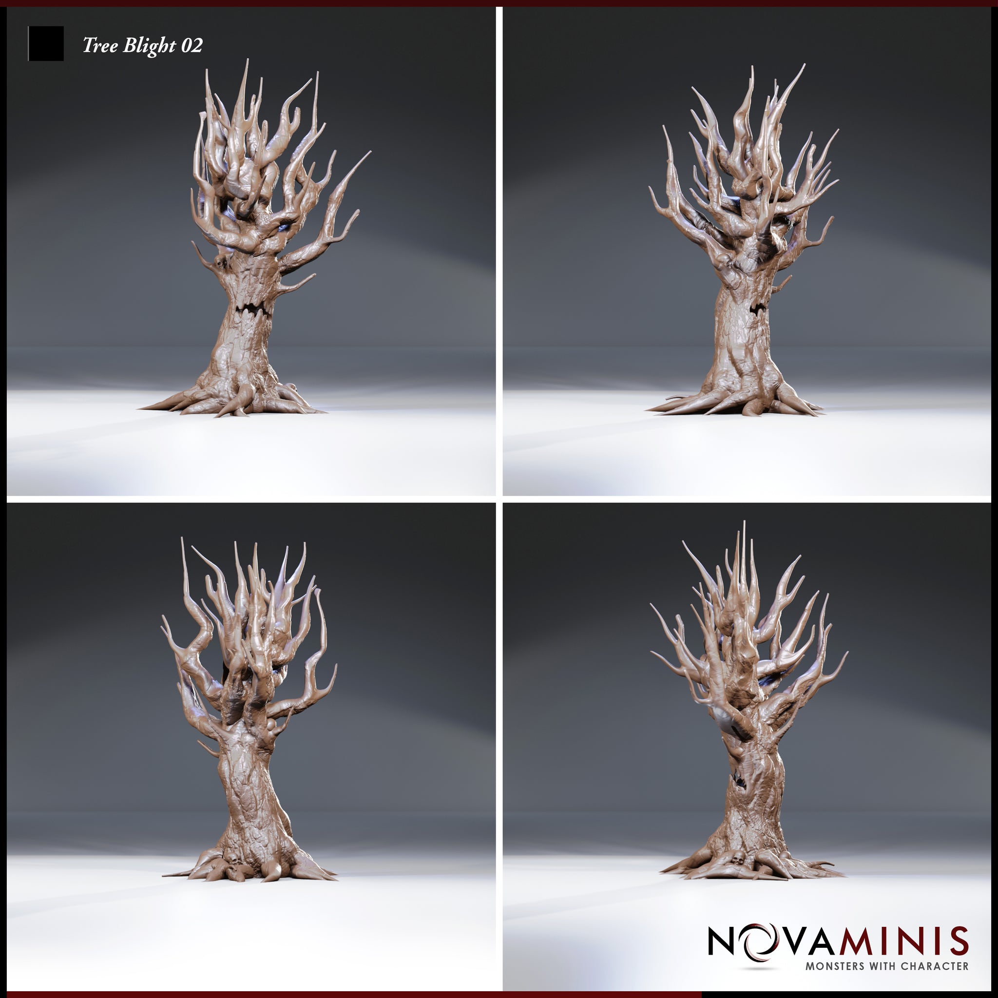 Four-angle digital render of Tree Blight 02 by Novaminis showing front, three-quarter, side, and rear views of the corrupted tree monster. Unpainted sculpt with detailed bark texture, spreading root base, and twisted branch canopy visible from all sides.