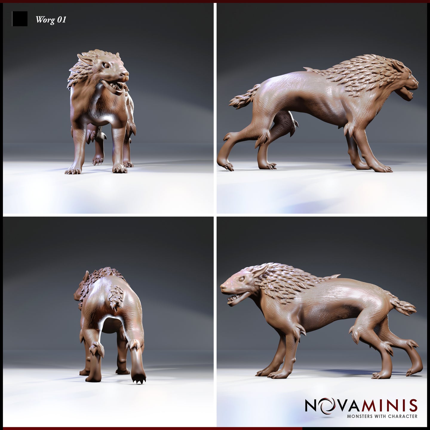 Four-angle digital render sheet of Worg 01 miniature by Novaminis showing front, side, rear, and three-quarter views of the feathered wolf-beast sculpt, highlighting quill-plate back detail, open snarling jaws, and clawed paws