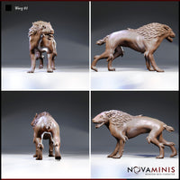 Four-angle digital render sheet of Worg 01 miniature by Novaminis showing front, side, rear, and three-quarter views of the feathered wolf-beast sculpt, highlighting quill-plate back detail, open snarling jaws, and clawed paws