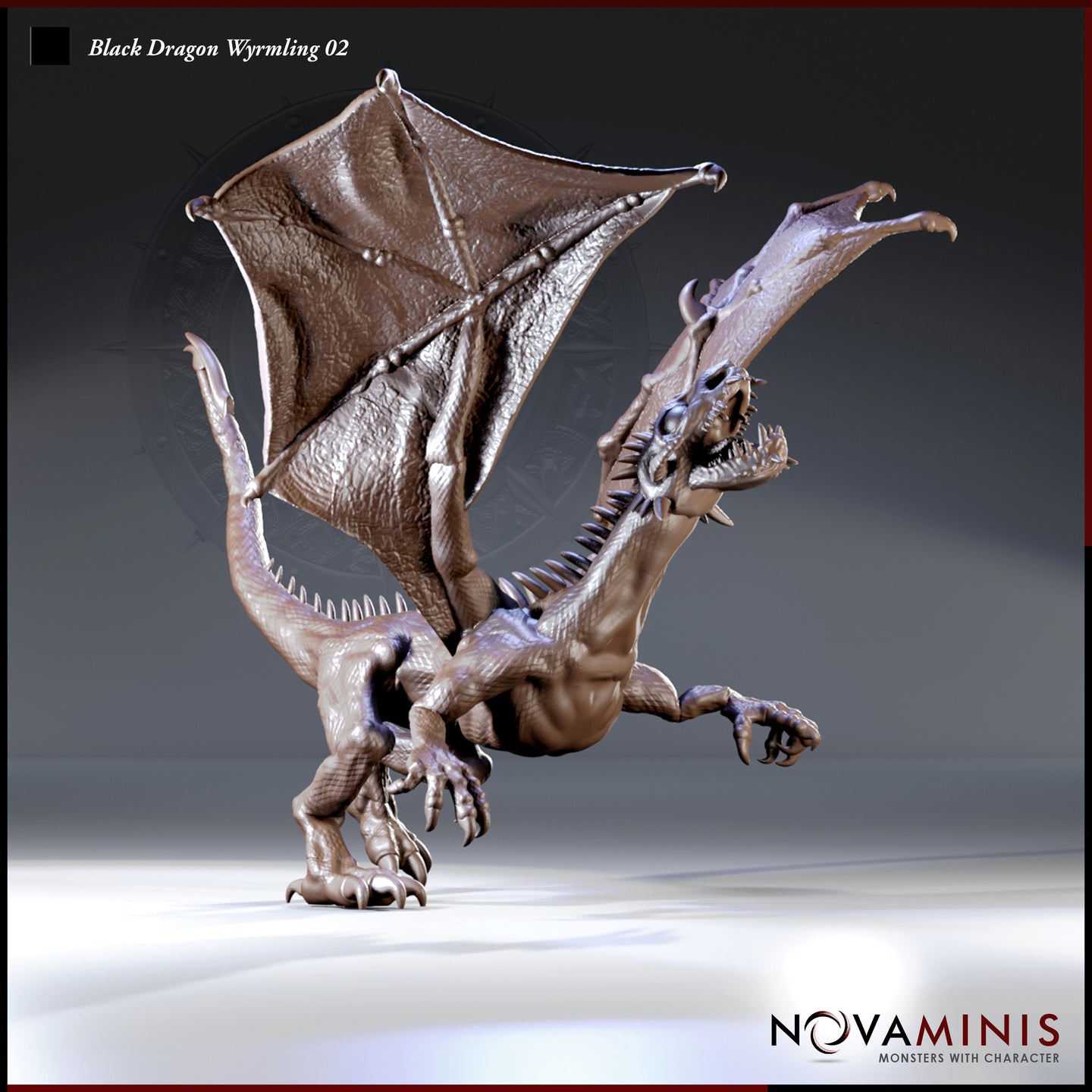 Digital render of the Black Dragon Wyrmling 02 miniature by Novaminis — unpainted resin-coloured sculpt shown in a three-quarter view. The wyrmling stands rearing on its hind legs with one foreleg raised, jaws wide open revealing rows of teeth, wings spread dramatically. Rows of dorsal spines run along the back and neck, and the wing membranes show detailed bone structure. Sculpted at 32mm scale.