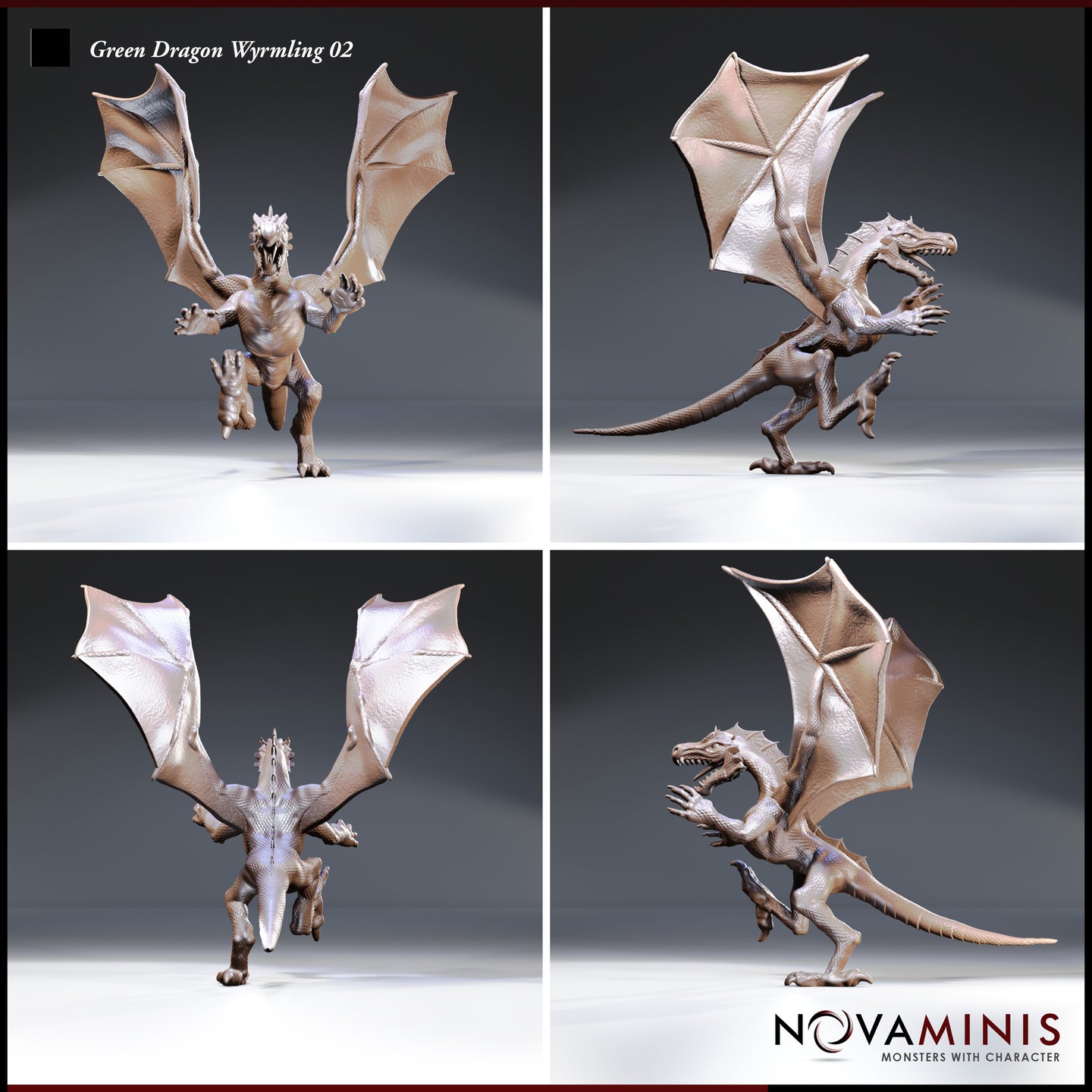 Four-angle digital render sheet of the Novaminis green dragon wyrmling miniature (Variation 02) showing front, side, rear, and profile views — displaying full wing membrane texture, dorsal spines, open jaws, scaled body, and rearing dynamic pose