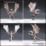 Four-angle digital render sheet of the Novaminis green dragon wyrmling miniature (Variation 02) showing front, side, rear, and profile views — displaying full wing membrane texture, dorsal spines, open jaws, scaled body, and rearing dynamic pose
