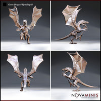 Four-angle digital render sheet of the Novaminis green dragon wyrmling miniature (Variation 02) showing front, side, rear, and profile views — displaying full wing membrane texture, dorsal spines, open jaws, scaled body, and rearing dynamic pose