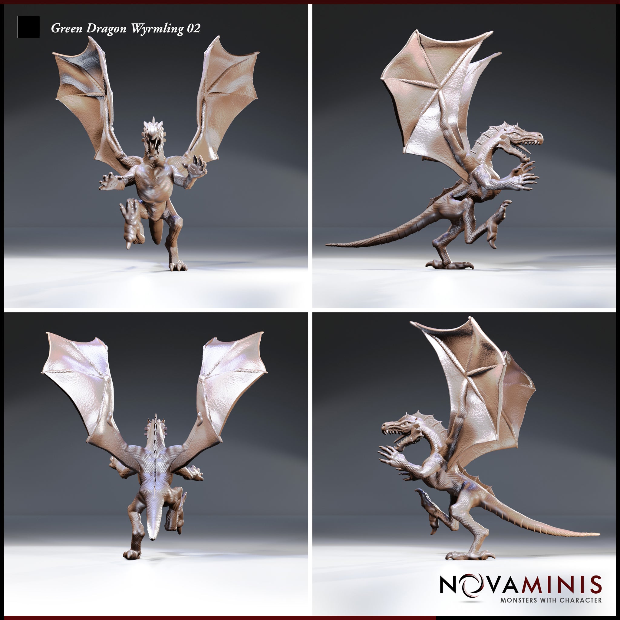 Four-angle digital render sheet of the Novaminis green dragon wyrmling miniature (Variation 02) showing front, side, rear, and profile views — displaying full wing membrane texture, dorsal spines, open jaws, scaled body, and rearing dynamic pose
