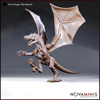 Digital render of an unpainted green dragon wyrmling miniature by Novaminis, shown in a three-quarter view — wings spread wide, jaws open, one foreleg raised with claws splayed, mid-lunge pose with long tail extending behind for balance