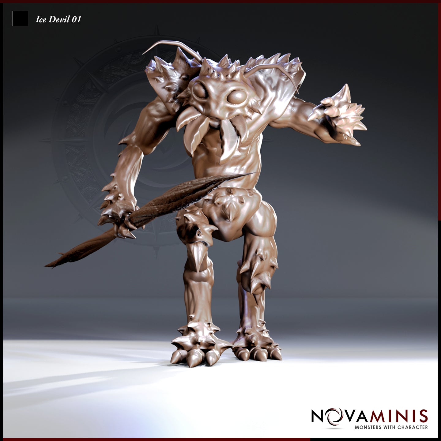 Digital render of Ice Devil 01 miniature by Novaminis — an unpainted gelugon sculpt shown from a front-angle view, mid-stride with one clawed hand raised and the other gripping a long barbed polearm swept low. The creature has a broad insectoid face with blank glassy eyes, chitinous spines crowning the head and shoulders, a lean muscular torso with layered plate armour, and spiked talon-footed legs. 32mm scale tabletop miniature.