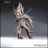 Digital render of Twig Blight 01 by Novaminis — an unpainted resin miniature of a corrupted plant creature standing upright with gnarled bark-textured limbs, radiating sharp spines and needle-like protrusions, at 32mm scale