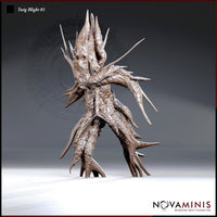 Digital render of Twig Blight 01 by Novaminis — an unpainted resin miniature of a corrupted plant creature standing upright with gnarled bark-textured limbs, radiating sharp spines and needle-like protrusions, at 32mm scale