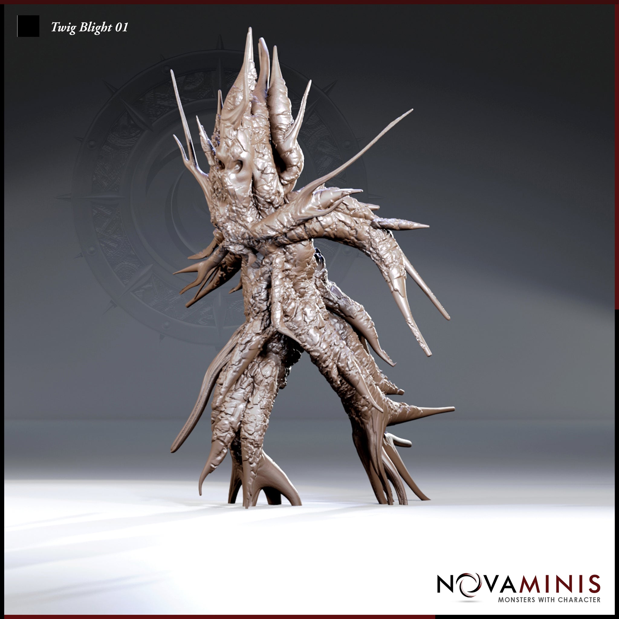 Digital render of Twig Blight 01 by Novaminis — an unpainted resin miniature of a corrupted plant creature standing upright with gnarled bark-textured limbs, radiating sharp spines and needle-like protrusions, at 32mm scale