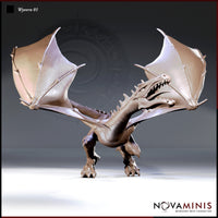 Novaminis Wyvern 01 digital render — front-facing ground threat pose with wings fully spread, jaws open showing serrated teeth, spiked dorsal ridge, and four-limbed stance with taloned feet, unpainted clay render