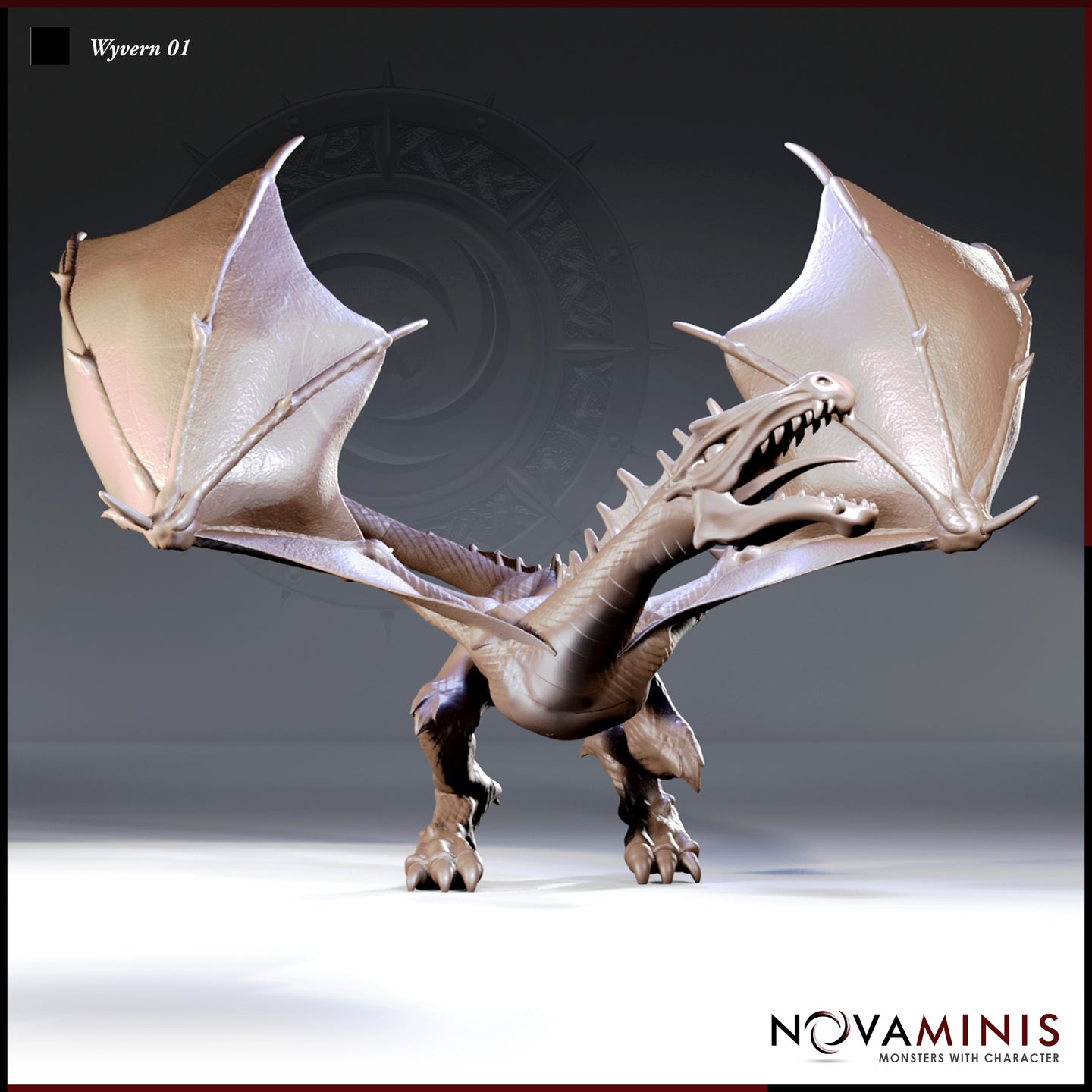 Front-facing digital render of the Novaminis Wyvern 01 miniature — wings fully spread in threat display, jaws open wide showing rows of teeth, bony dorsal spines running the length of the neck and back, standing on two clawed legs in an aggressive ground pose. Unpainted grey resin render.