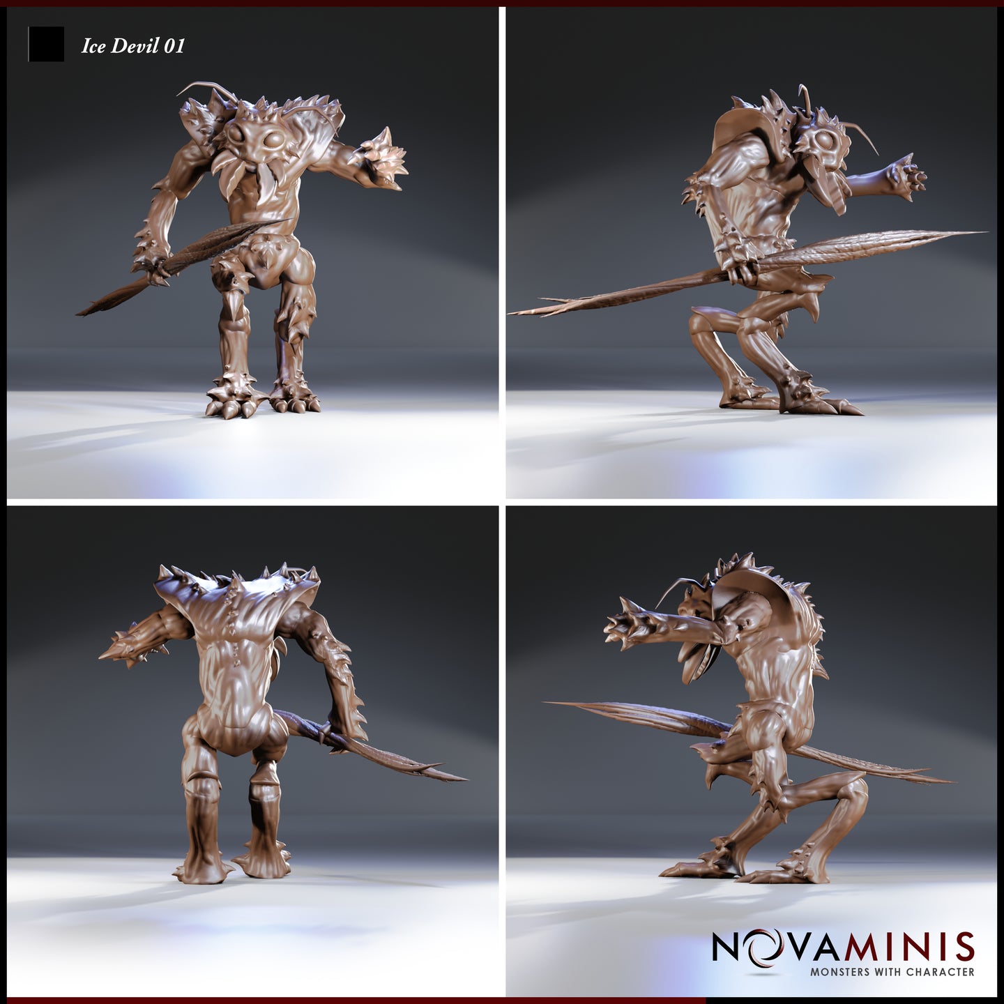 Four-angle digital render of Ice Devil 01 by Novaminis — front, side, back and three-quarter views of a spined devil miniature wielding a barbed spear, showcasing cloven taloned feet, spined knees and shoulders, and a broad alien head with a single central eye