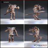 Four-angle digital render of Ice Devil 01 by Novaminis — front, side, back and three-quarter views of a spined devil miniature wielding a barbed spear, showcasing cloven taloned feet, spined knees and shoulders, and a broad alien head with a single central eye
