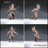 Four-angle digital render of Twig Blight 01 by Novaminis showing front, back, and side views of the unpainted plant monster miniature, highlighting the dense spine detail, twisted torso, and splayed root-like legs