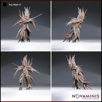 Four-angle digital render of Twig Blight 01 by Novaminis showing front, back, and side views of the unpainted plant monster miniature, highlighting the dense spine detail, twisted torso, and splayed root-like legs
