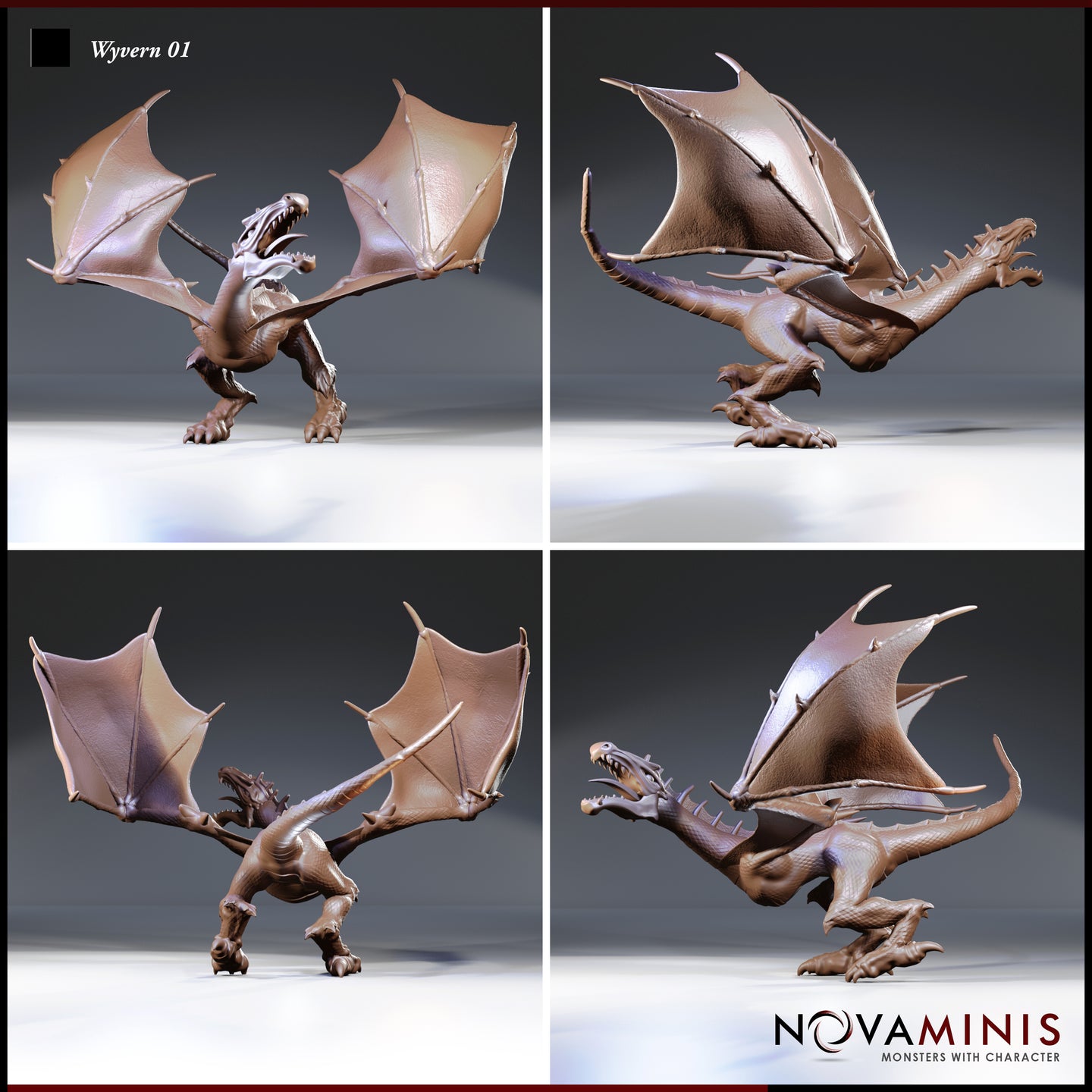 Four-angle digital render sheet of the Novaminis Wyvern 01 miniature showing front-left, right profile, rear-left, and low front-right views — highlighting the leathery wing membrane texture, sinuous scaled tail, ridged spinal spurs, and clawed feet. Unpainted render in warm brown tones.
