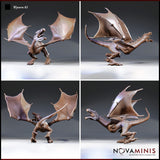 Four-angle digital render sheet of the Novaminis Wyvern 01 miniature showing front-left, right profile, rear-left, and low front-right views — highlighting the leathery wing membrane texture, sinuous scaled tail, ridged spinal spurs, and clawed feet. Unpainted render in warm brown tones.
