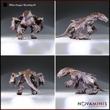 Four-angle digital render sheet of White Dragon Wyrmling 03 miniature by Novaminis showing front, side, rear, and three-quarter views of the snarling crouching wyrmling sculpt, highlighting detailed scale texture, wing membrane, spiked crest, and open-clawed forelegs in unpainted clay-coloured render