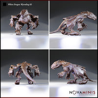 Four-angle digital render sheet of White Dragon Wyrmling 03 miniature by Novaminis showing front, side, rear, and three-quarter views of the snarling crouching wyrmling sculpt, highlighting detailed scale texture, wing membrane, spiked crest, and open-clawed forelegs in unpainted clay-coloured render