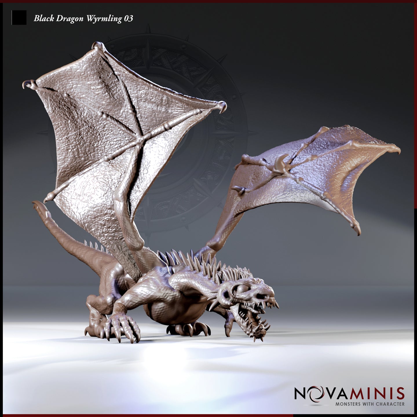 Digital render of the Black Dragon Wyrmling 03 miniature by Novaminis — unpainted, shown in a three-quarter view with wings fully spread, head lowered and jaws open, body in a low prowling stance with dorsal spines raised and large clawed feet planted on a plain white surface