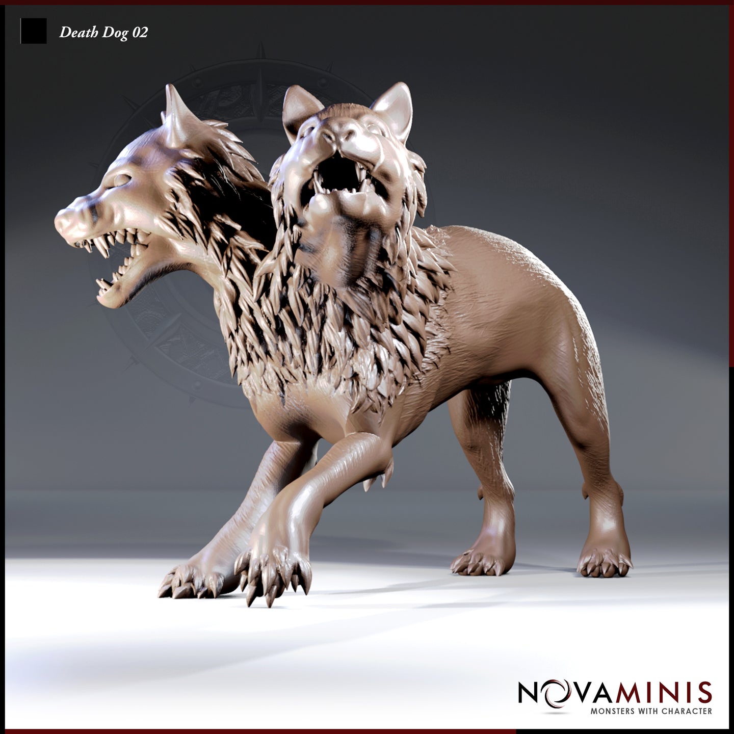 Digital render of Death Dog 02 by Novaminis — a two-headed canine monster in 32mm scale, shown in a three-quarter view with one clawed paw raised mid-stride. Both heads have open, snarling jaws and sharp teeth. Dense layered mane texture runs between the two necks. Unpainted resin render in warm brown.