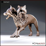 Digital render of Death Dog 02 by Novaminis — a two-headed canine monster in 32mm scale, shown in a three-quarter view with one clawed paw raised mid-stride. Both heads have open, snarling jaws and sharp teeth. Dense layered mane texture runs between the two necks. Unpainted resin render in warm brown.
