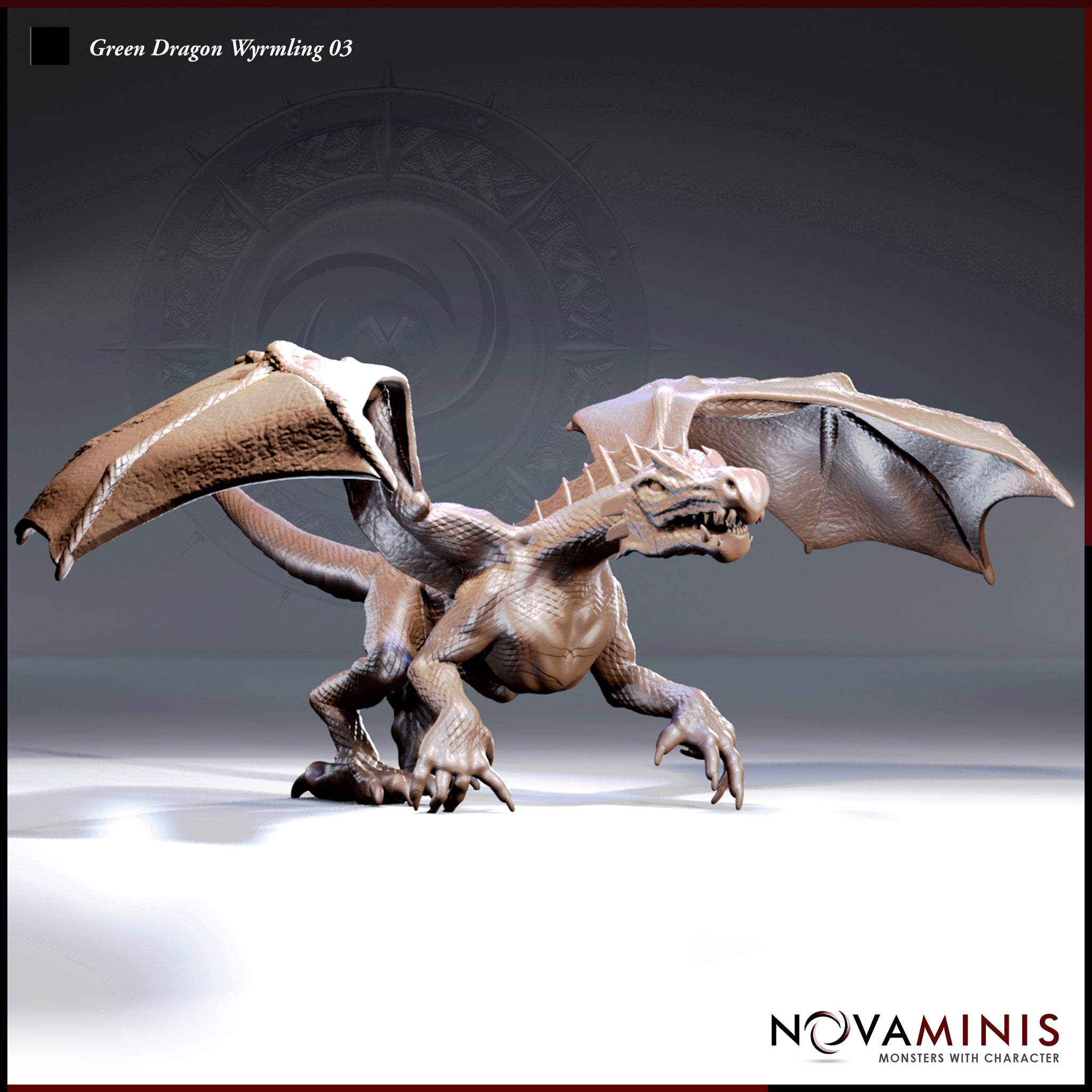 Digital render of the Green Dragon Wyrmling 03 miniature by Novaminis — low charging pose with wings half-spread, forelimbs splayed wide, jaws open and snarling, scaled body with strong muscle definition and dorsal spines, viewed from a three-quarter front angle