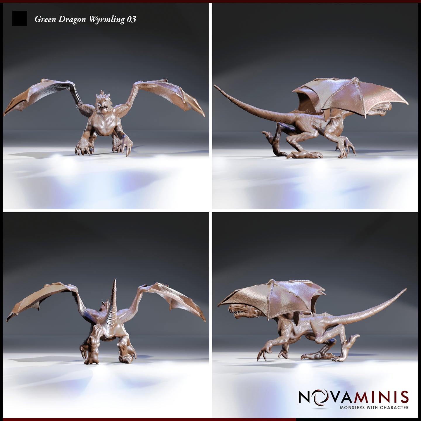 Four-angle digital render sheet of the Green Dragon Wyrmling 03 by Novaminis — front view showing broad wing spread and open jaws, rear-side view showing tail length and wing membrane texture, rear view highlighting dorsal horn and spine detail, side profile showing full lateral silhouette with claws forward and tail extended
