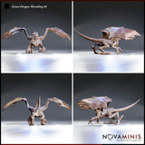Four-angle digital render sheet of the Green Dragon Wyrmling 03 by Novaminis — front view showing broad wing spread and open jaws, rear-side view showing tail length and wing membrane texture, rear view highlighting dorsal horn and spine detail, side profile showing full lateral silhouette with claws forward and tail extended