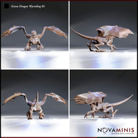 Four-angle digital render sheet of the Green Dragon Wyrmling 03 by Novaminis — front view showing broad wing spread and open jaws, rear-side view showing tail length and wing membrane texture, rear view highlighting dorsal horn and spine detail, side profile showing full lateral silhouette with claws forward and tail extended