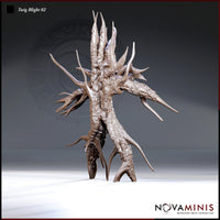 Digital render of Twig Blight 02 by Novaminis — an unpainted resin miniature of a corrupted plant creature with a bark-textured trunk, splayed spike-covered branch-limbs, and root-like legs, shown from the front against a grey background