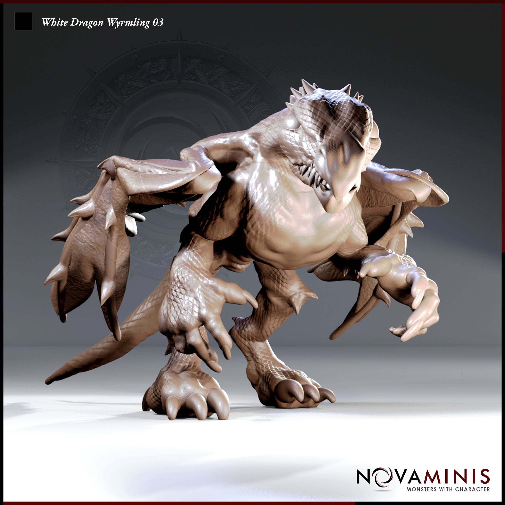 Digital render of White Dragon Wyrmling 03 miniature by Novaminis — a snarling dragonling in a low forward-crouching stance, claws splayed and jaws open, wings half-spread, shown in unpainted clay-coloured render from a three-quarter front angle