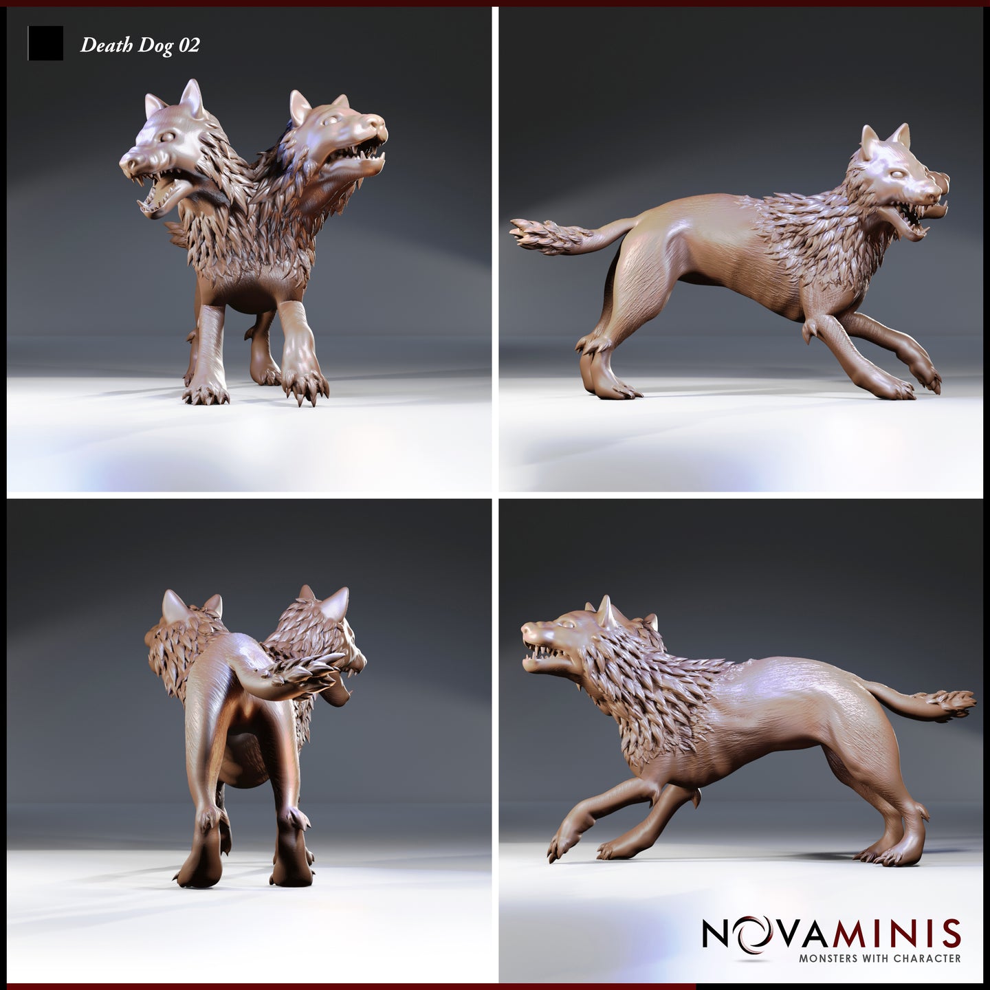 Four-angle digital render sheet of Death Dog 02 by Novaminis — front view showing both snarling heads and raised claws; side profile showing full running pose with outstretched legs; rear view highlighting the layered mane and smooth haunches; and a low-angle view showing the beast in full stride with jaws wide open. Unpainted resin render.
