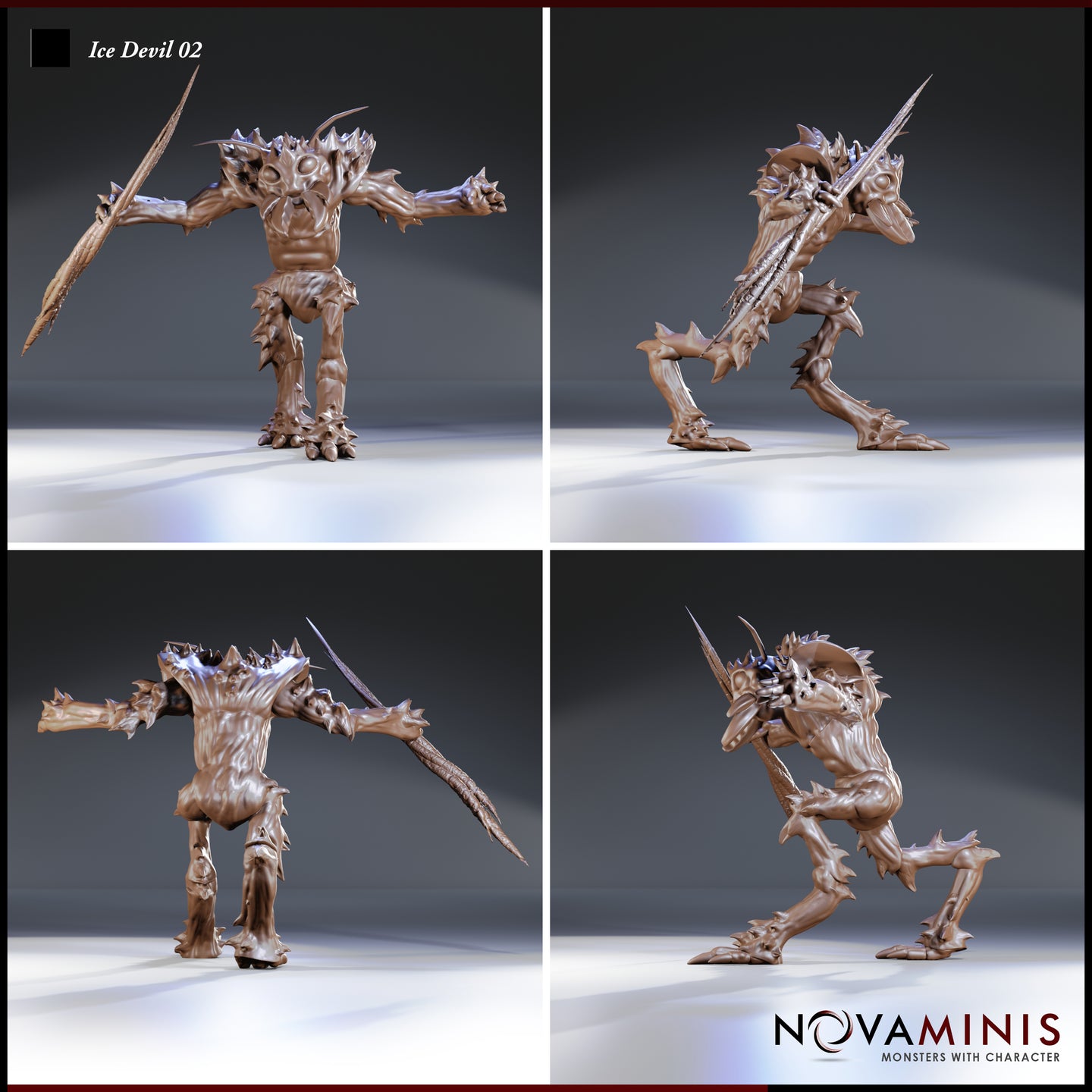 Four-angle digital render of the Ice Devil 02 miniature by Novaminis showing front, side, rear, and three-quarter views. The gelugon's aggressive low stance, spreading spiked limbs, and long serrated spear are visible from all angles, highlighting the chitinous plating detail across the legs, torso, and shoulders.