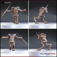 Four-angle digital render of the Ice Devil 02 miniature by Novaminis showing front, side, rear, and three-quarter views. The gelugon's aggressive low stance, spreading spiked limbs, and long serrated spear are visible from all angles, highlighting the chitinous plating detail across the legs, torso, and shoulders.