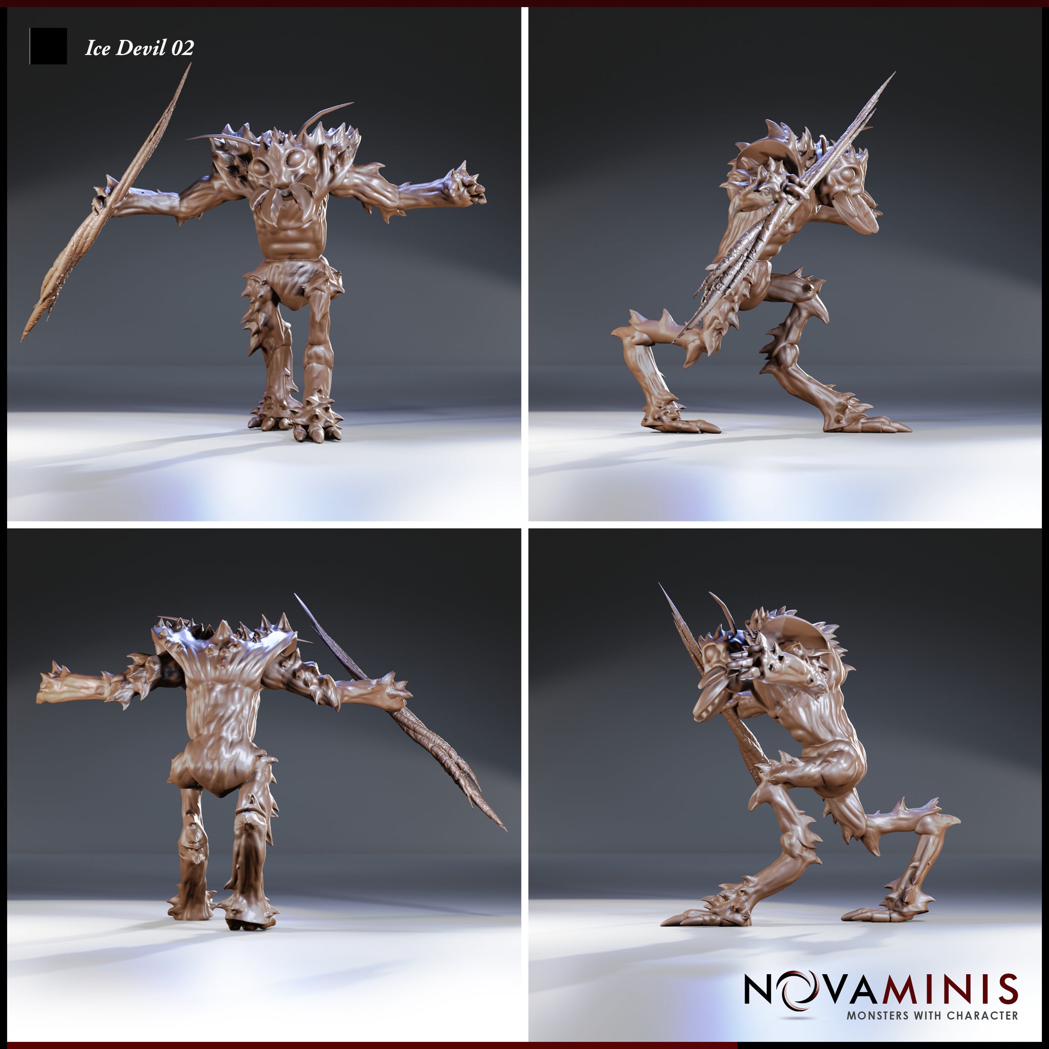 Four-angle digital render of the Ice Devil 02 miniature by Novaminis showing front, side, rear, and three-quarter views. The gelugon's aggressive low stance, spreading spiked limbs, and long serrated spear are visible from all angles, highlighting the chitinous plating detail across the legs, torso, and shoulders.