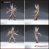 Four-angle digital render of Twig Blight 02 by Novaminis showing front, right side, left side, and rear views of the unpainted miniature, revealing the full silhouette of jagged spines, grasping limbs, and recessed eyes set into the bark-like torso