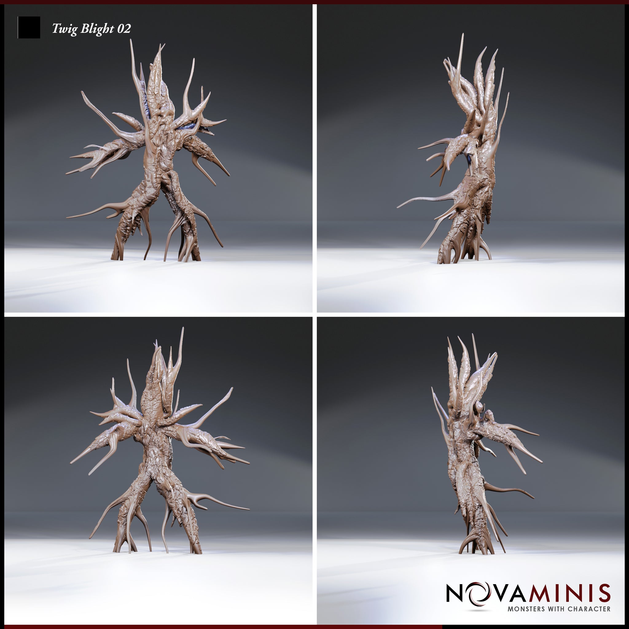 Four-angle digital render of Twig Blight 02 by Novaminis showing front, right side, left side, and rear views of the unpainted miniature, revealing the full silhouette of jagged spines, grasping limbs, and recessed eyes set into the bark-like torso